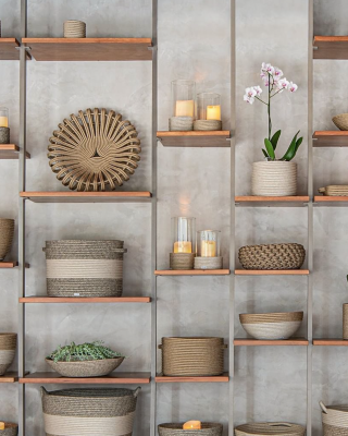 Wood and metal wall shelving with storage and lighting products