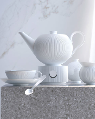 White porcelain tableware collection with teapot